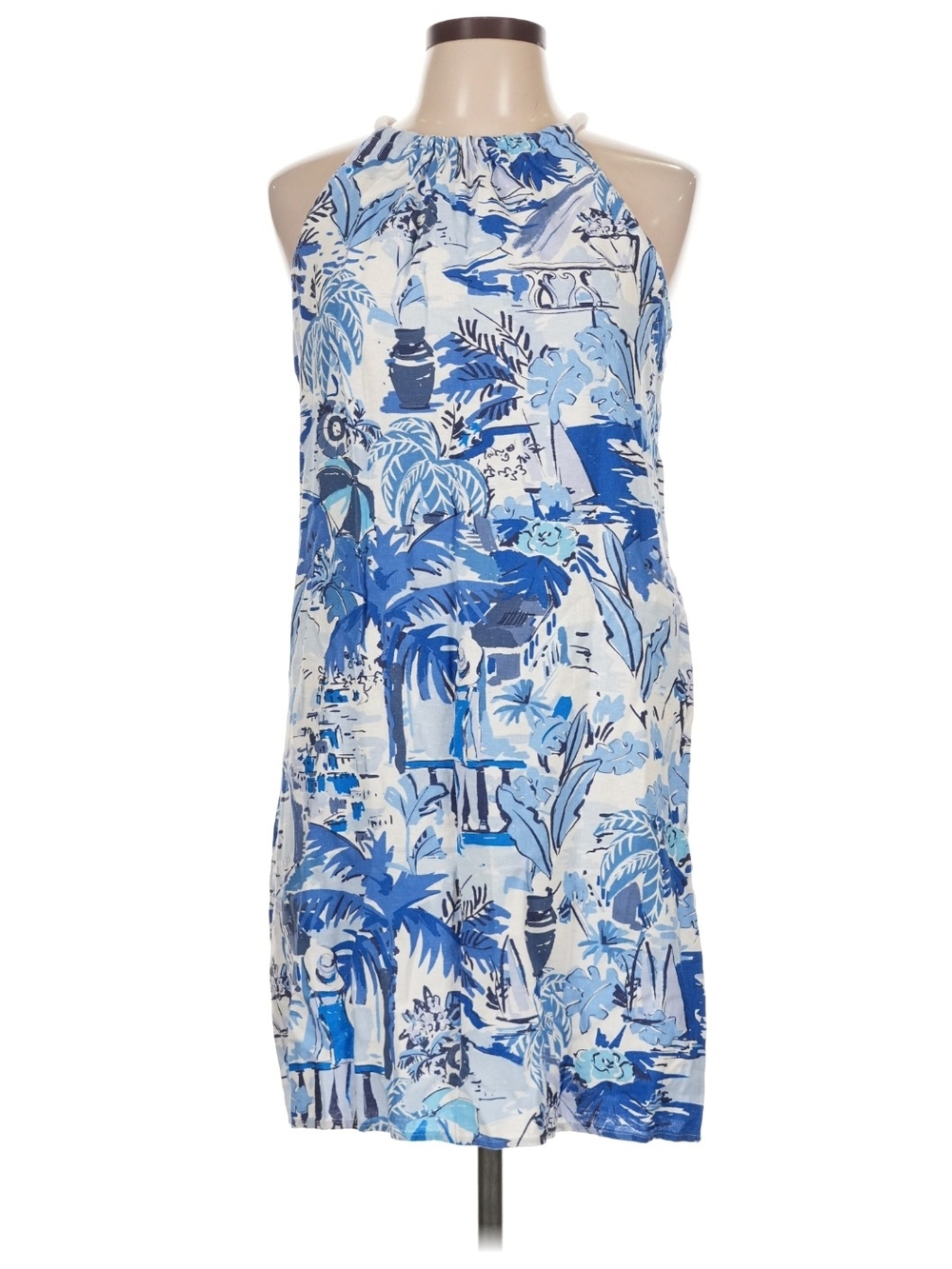 London Times Blue & White Strapless Halter Shift Dress